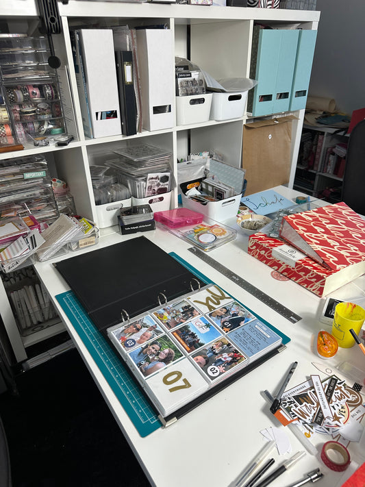 Project Life Album 12x9 aufgeschlagen mit Fotos und Journaling Cards